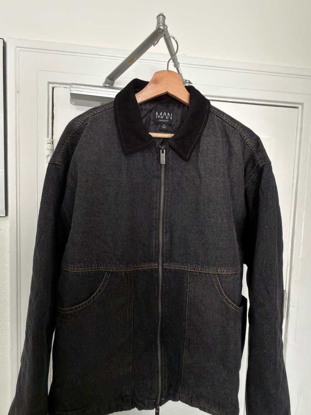 Boohoo Black Denim Zip Jacket with Corduroy Collar